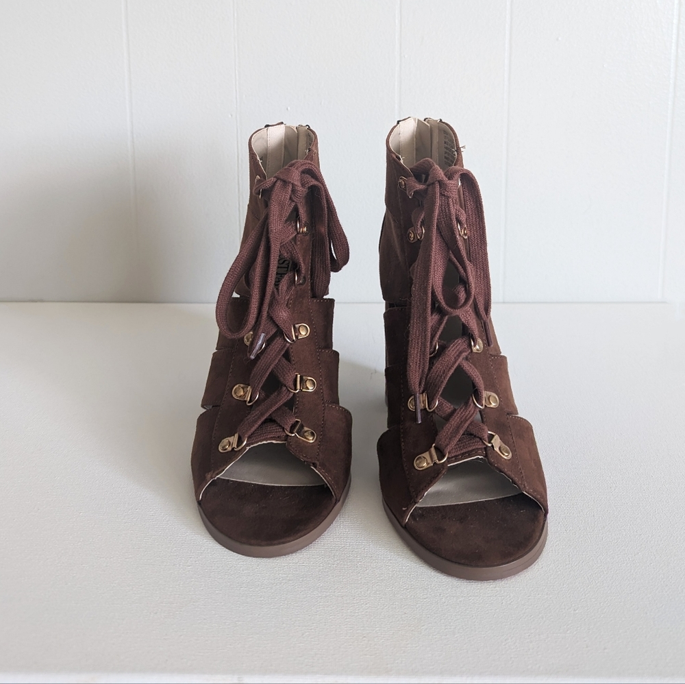 JustFab Zola Lace Up Heeled Bootie